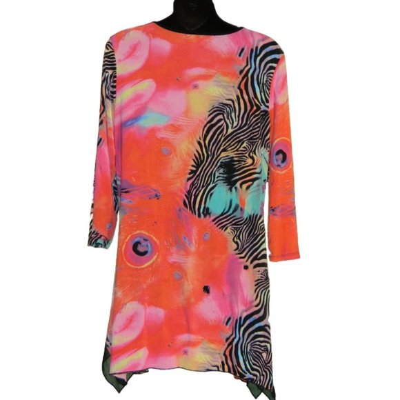 2 for/$25 ADX Bright Neon Zebra Galaxy Print Sharkbit Flutter Hem Tunic Size M - Picture 6 of 9